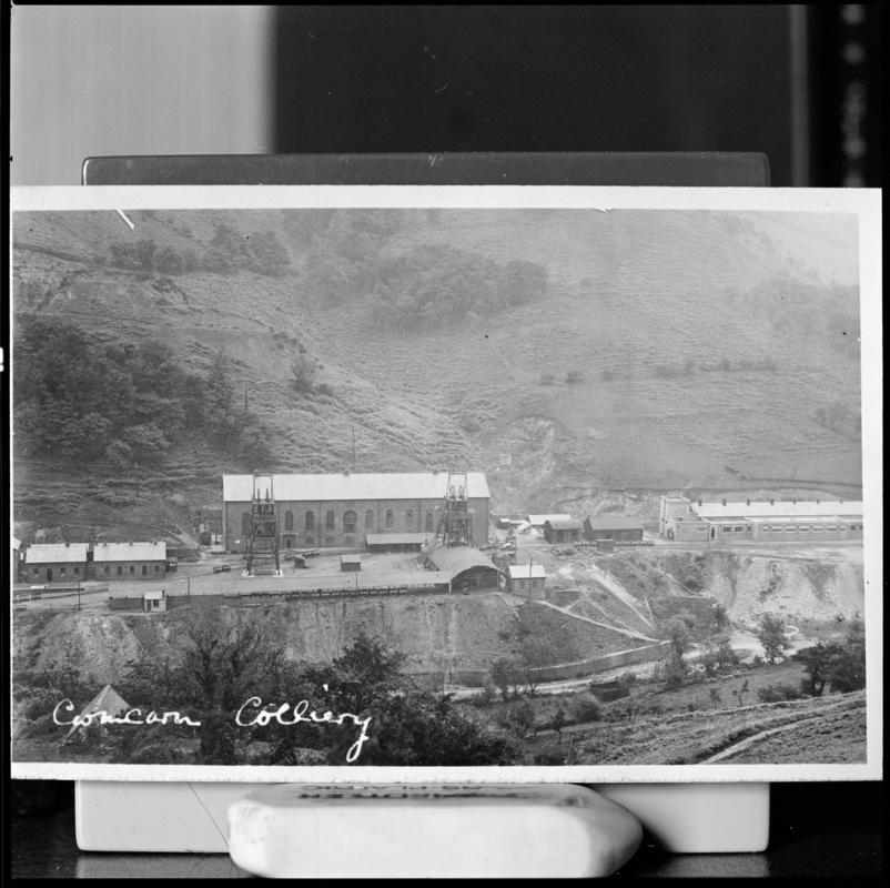 Black and white film negative of a photograph showing a surface view of Cwmcarn Colliery.  &#039;Cwmcarn&#039; is transcribed from original negative bag.  Appears to be identical to 2009.3/2503.