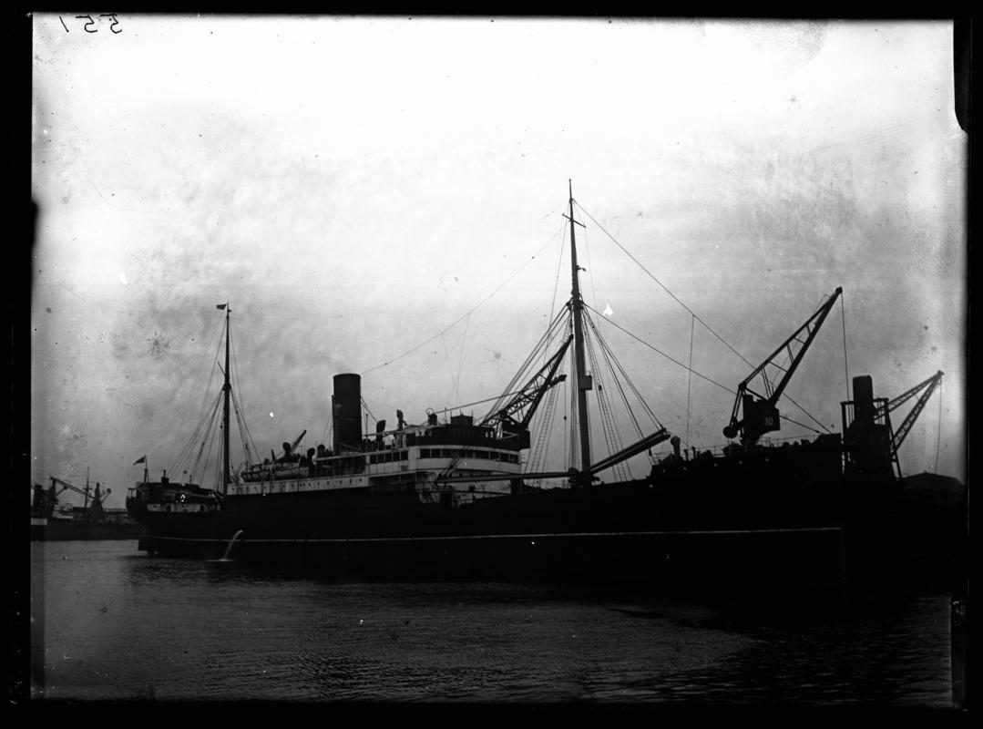 3/4 starboard bow view of S.S. BHAMO at Cardiff Docks, c.1936.