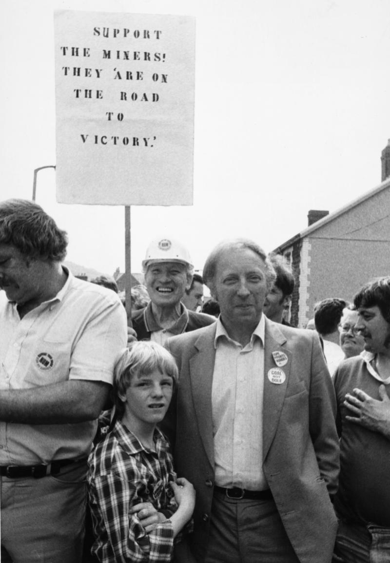 Arthur Scargill (the National Union of Mineworkers&#039; leader) on NUM march through Treorchy, Rhondda during 1984/85 miners&#039; strike. Des Dutfield (who later became president of NUM South Wales Area) is on the far right.