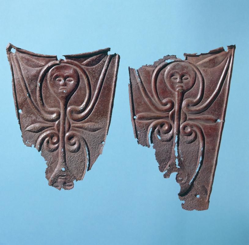 Copper alloy shield plaques with decorated face designs