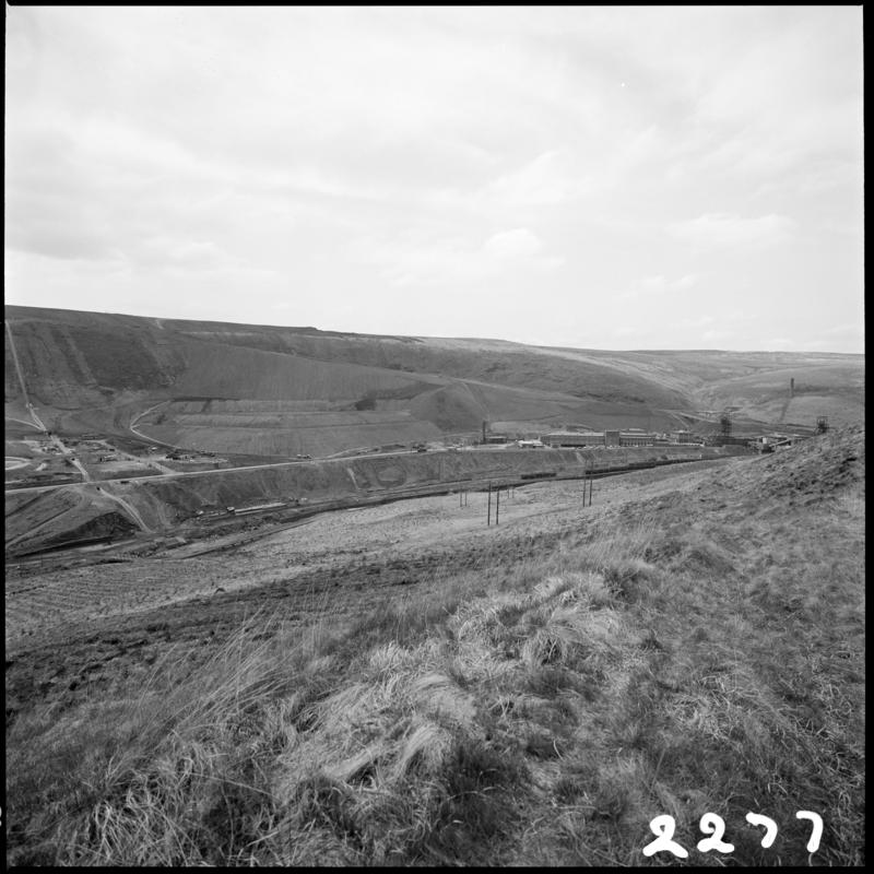 Black and white film negative showing a view towards a Maerdy Colliery.