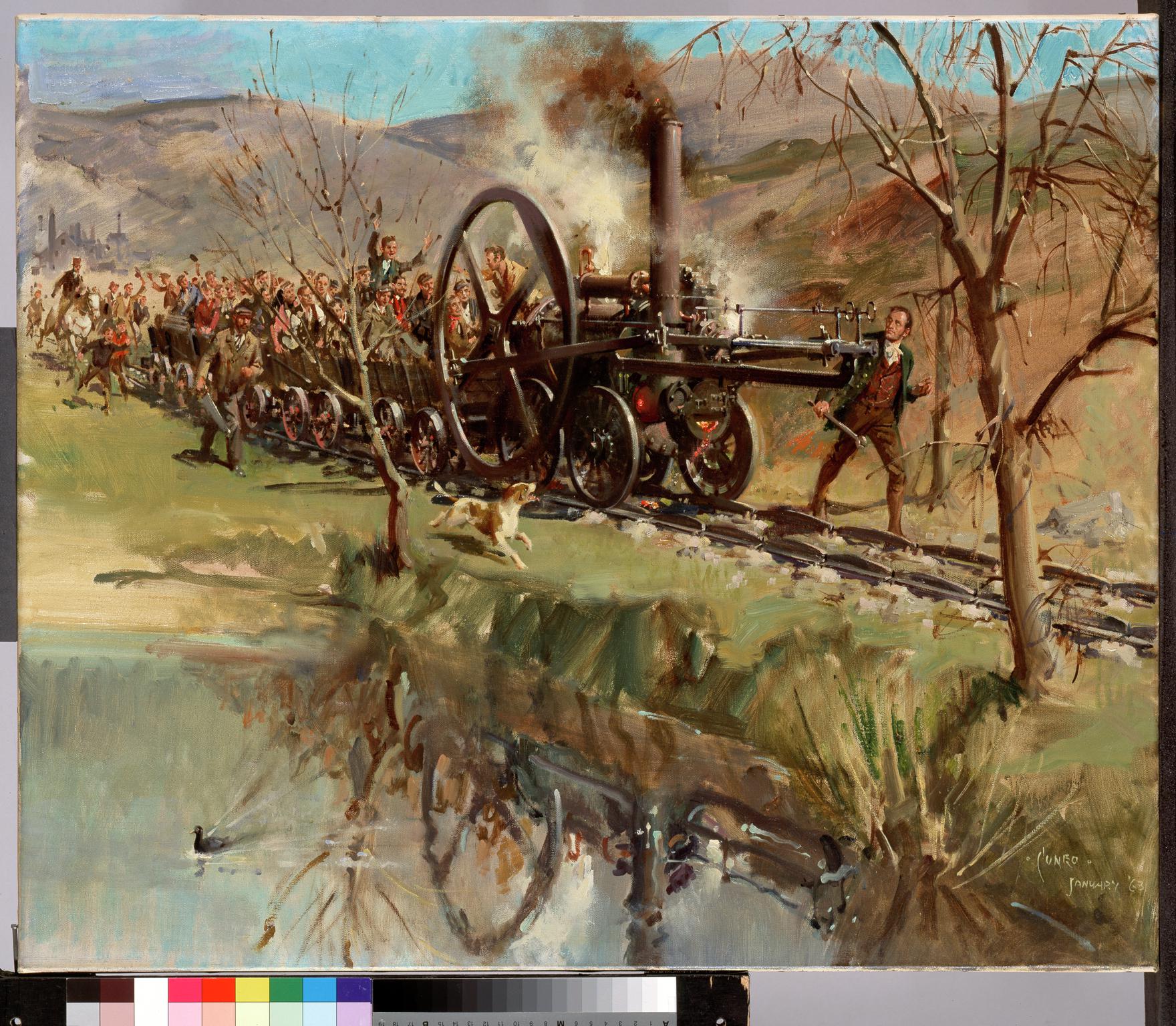 Trevithick's Penydarren Locomotive on its Epic Journey from Merthyr to Abercynon, 21 Feb. 1804 (painting)