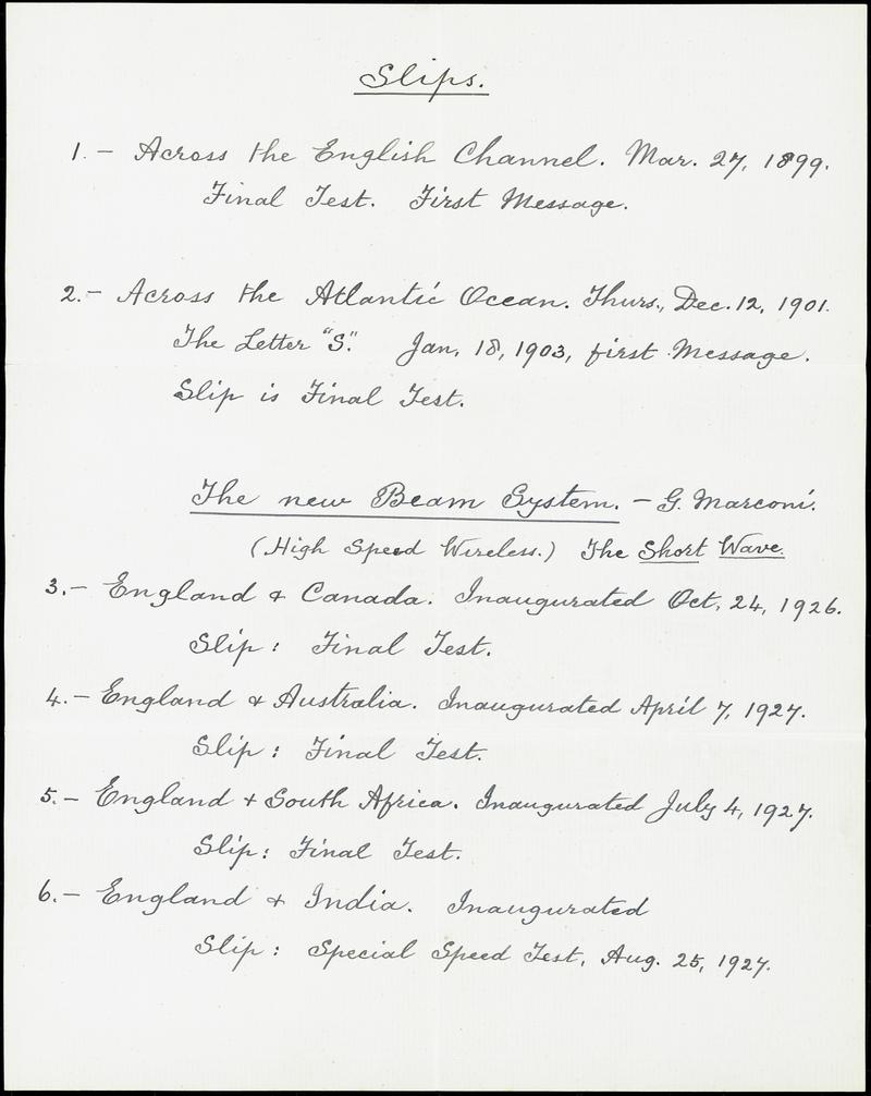 Explanatory list of test slips written by John F. Kemp, 1901, 1926, 1927