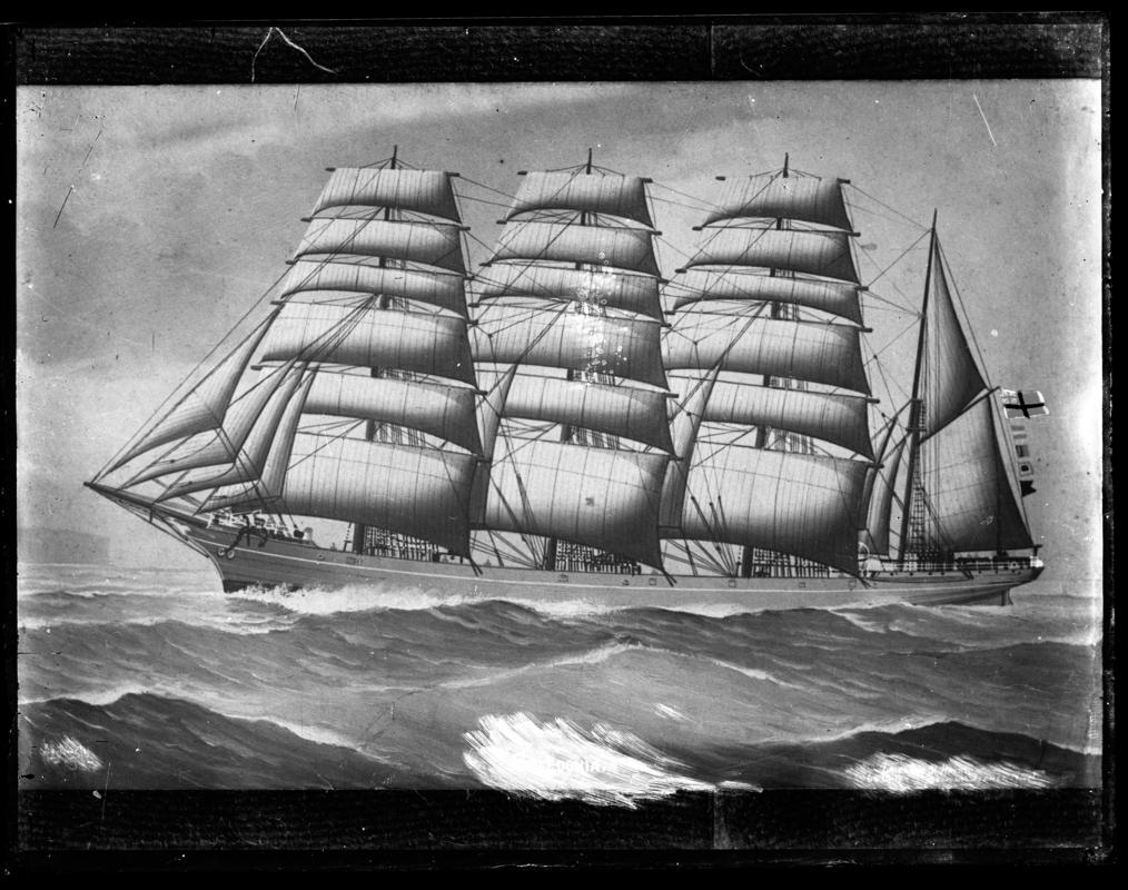 Photograph of a painting by R.A. Borstel showing a port broadside view of the four-masted barque SPEEDONIA.