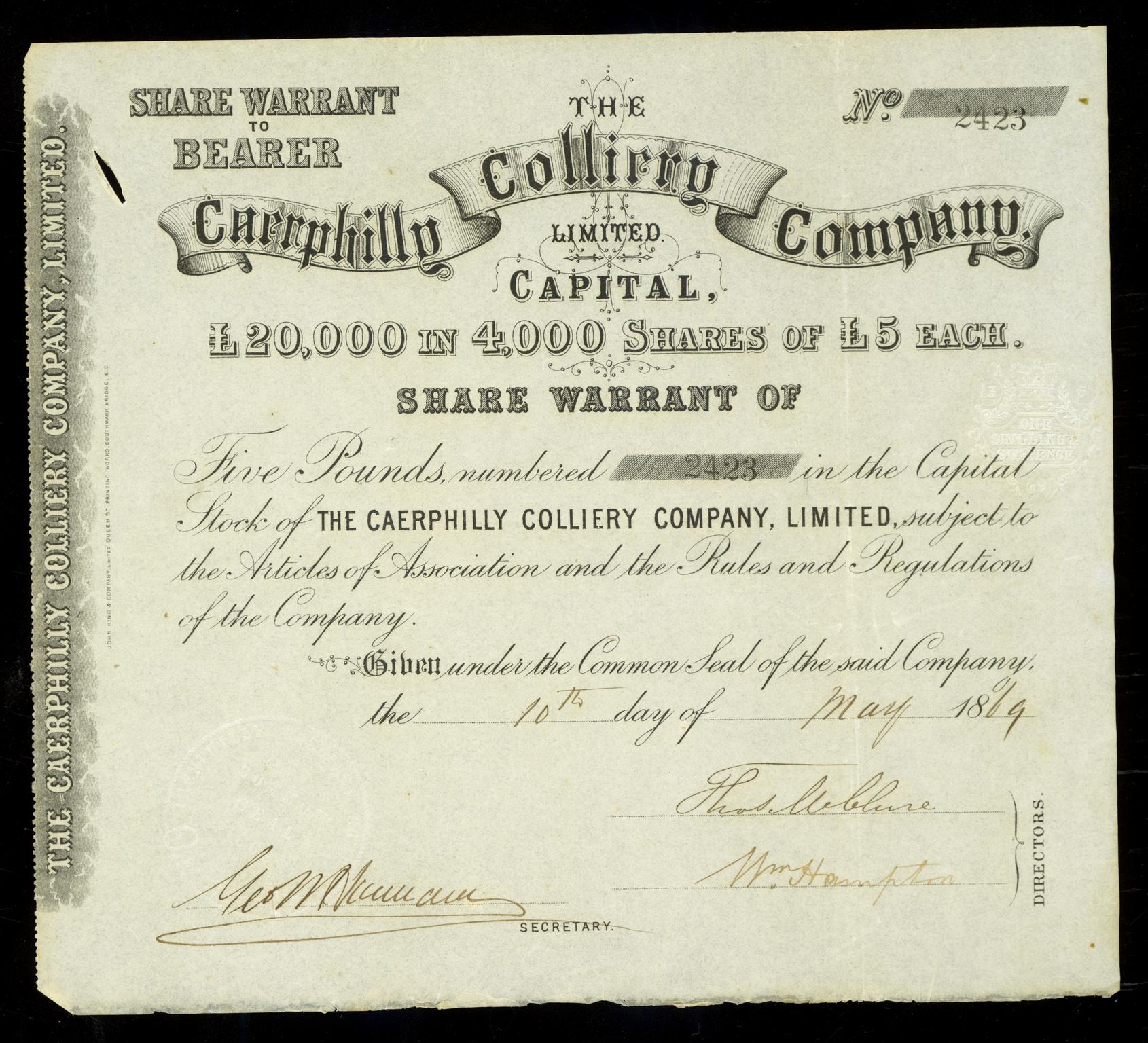 Caerphilly Colliery Co. Ltd., share certificate