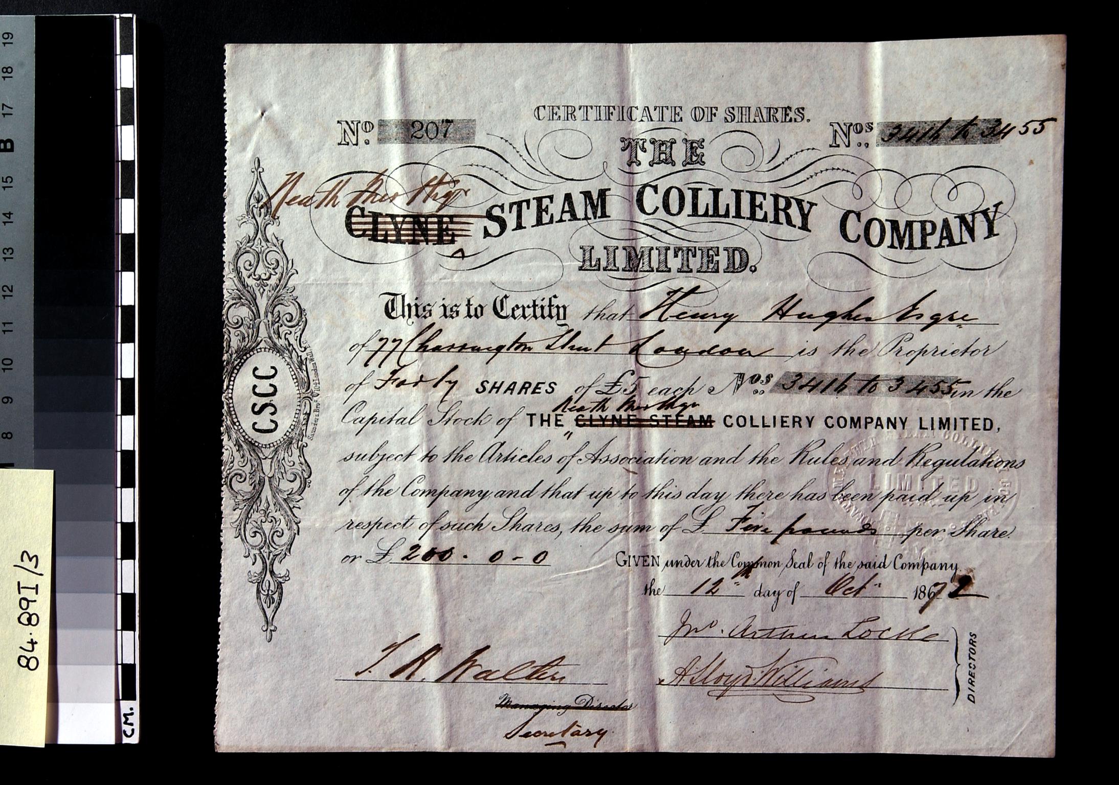 Neath Merthyr Steam Colliery Co. Ltd., share cert.