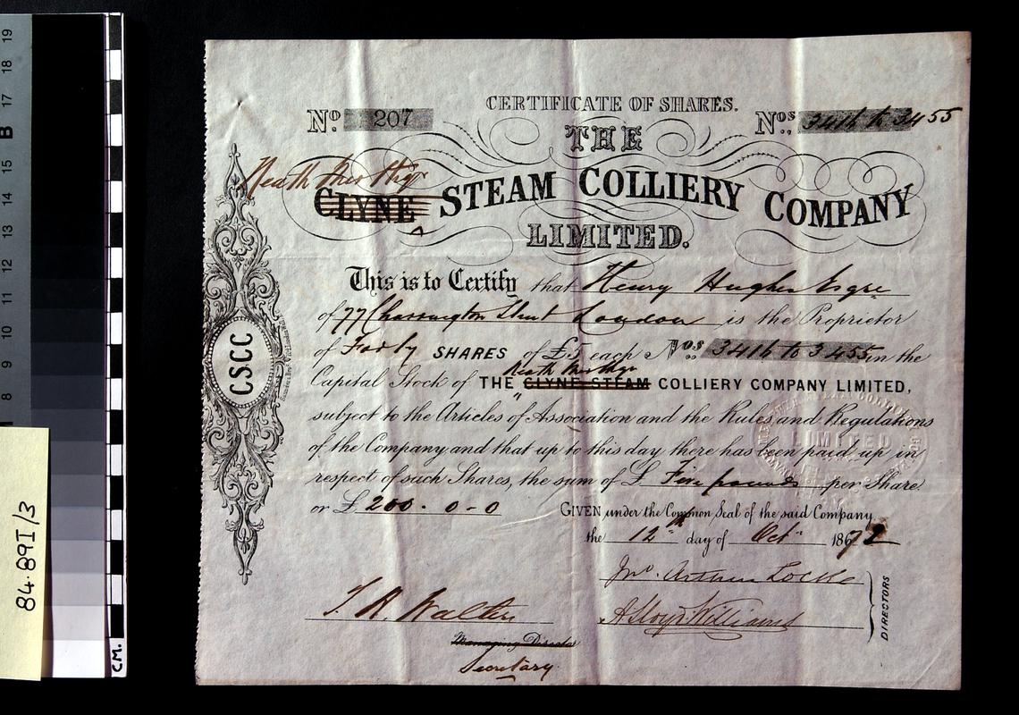 Neath Merthyr Steam Colliery Co. Ltd., share cert.