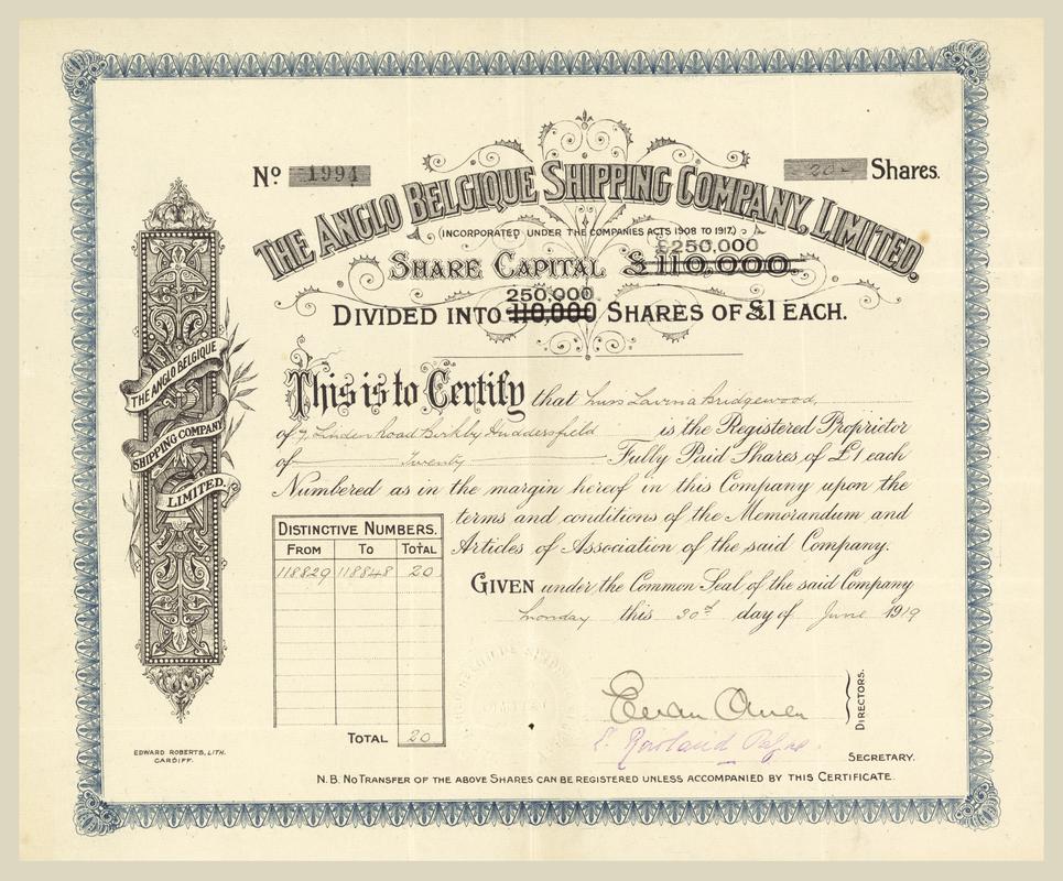 Share certificate, Anglo-Belgique Shipping Co. Ltd.