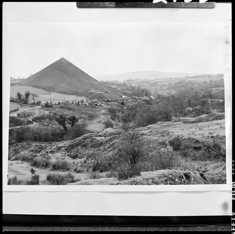 Black and white film negative of a photograph showing a view towards Hafodyrynys Colliery.