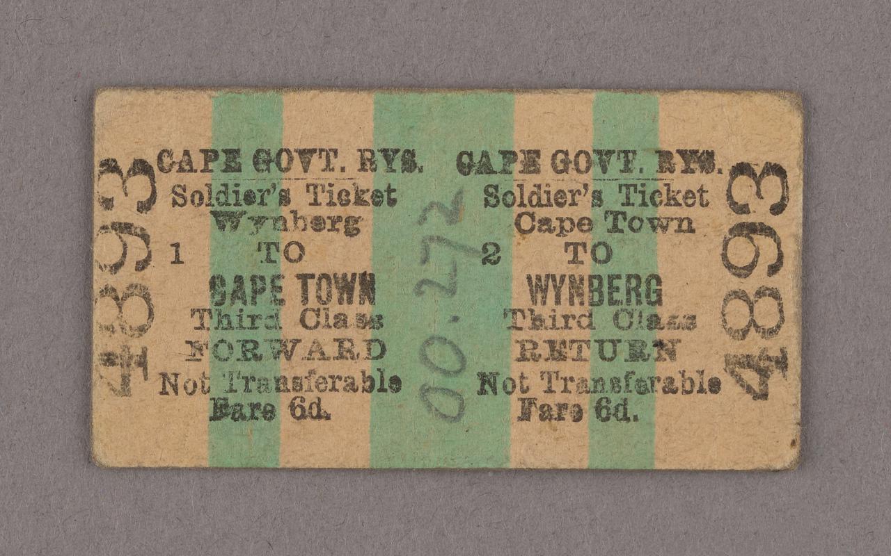 Cape Government Railways Soldier&#039;s ticket, Cape Town to Wynberg, from Boer War.