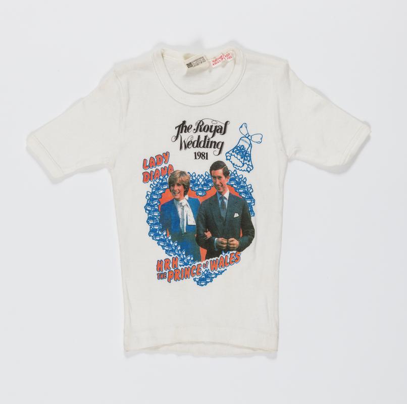 Child&#039;s white polycotton t-shirt made to commemorate the marriage of Lady Diana Spencer and HRH The Prince of Wales, 29 July 1981. The Royal Wedding 1981