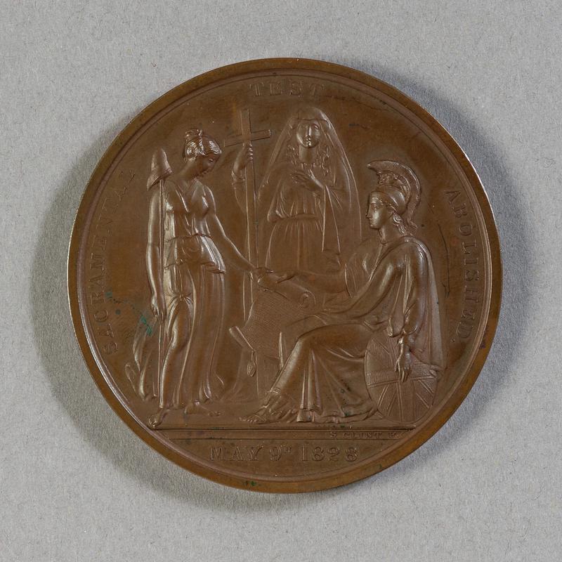 Bronze medal commemorating the abolition of the Sacramental Test, 9 May 1828. Obverse.