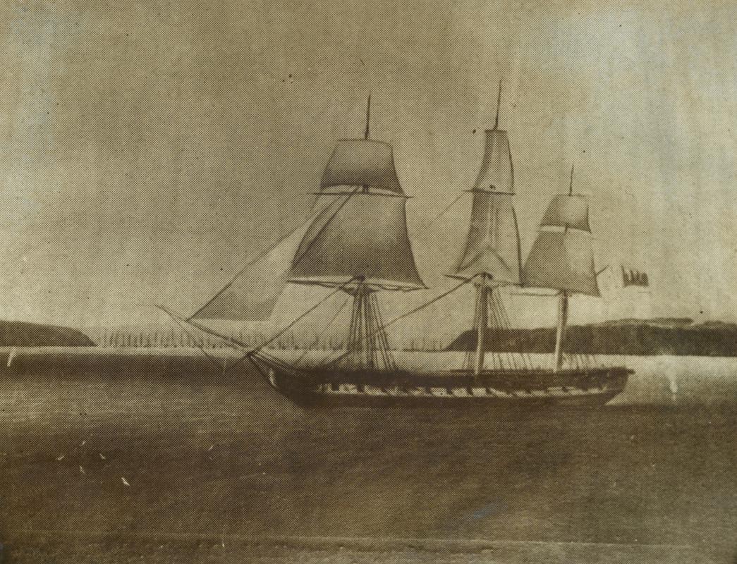 Photograph of a painting showing H.M.S. FISHGUARD off Brest in 1798.