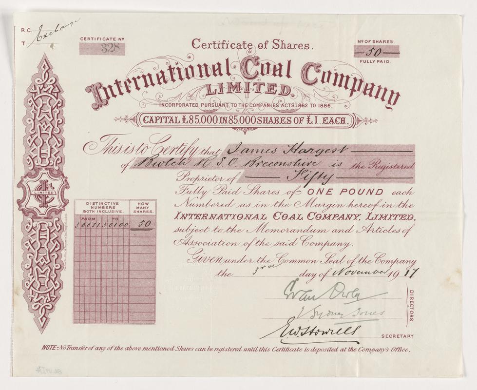 International Coal Company Limited, £1 ordinary shares, 1917,