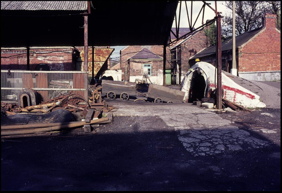 Colour film slide showing a journey of drams being lowered into the slant, Ammanford Colliery 19 February 1977.