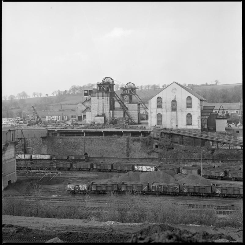Black and white film negative showing a surface view of Cwm Colliery 3 April 1981.  &#039;Cwm 3 April 1981&#039; is transcribed from original negative bag.