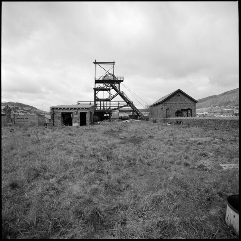 Black and white film negative showing the headframe and engine house of the South Pit, Nixon&#039;s Navigation 22 April 1980.  &#039;Navigation 22/4/80&#039; is transcribed from original negative bag.
