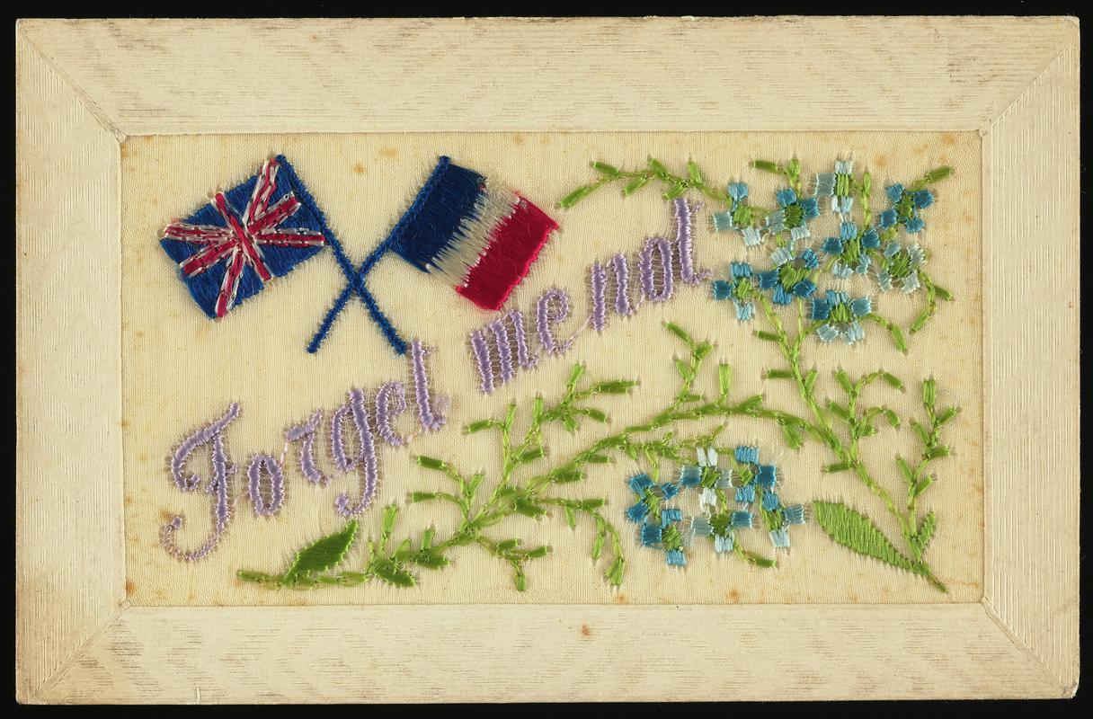 Embroidered postcard inscribed &#039;Forget me not&#039;. Handwritten message on back. Sent to Miss Evelyn Hussey, sister of Corporal Hector Hussey of the Royal Welch Fusiliers, during the First World War.