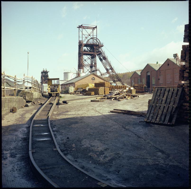 Colour film negative showing a surface view of Cefn Coed Colliery. &#039;Cefn Coed&#039; is transcribed from original negative bag.  Appears to be identical to 2009.3/2458.