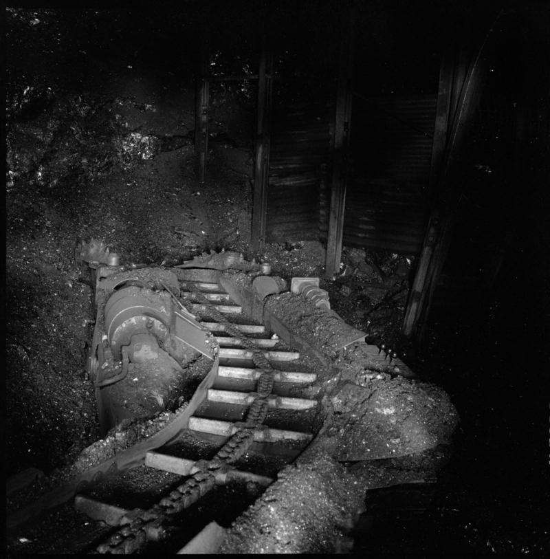 Black and white film negative showing a joy loader underground at Cwmgwili Colliery 1978.  &#039;Cwmgwili&#039; is transcribed from original negative bag.