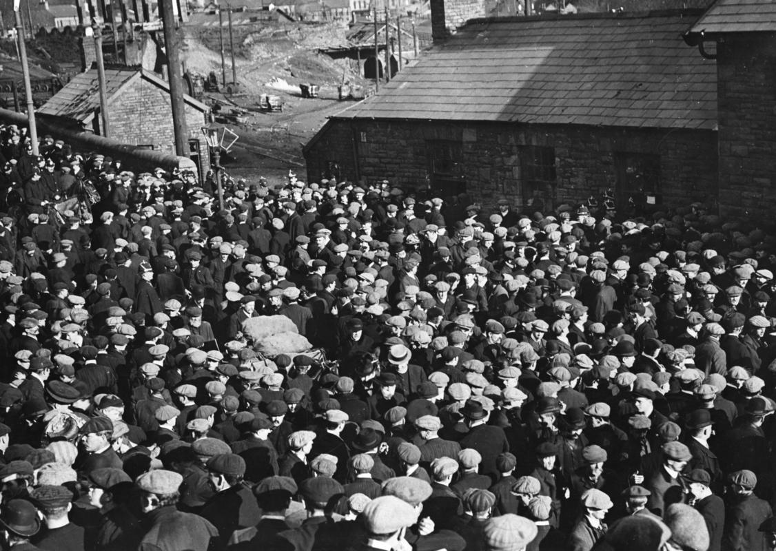 Cambrian Combine Strike. Crowds outside Glamorgan Colliery, Llwynypia, to stop engine men entering