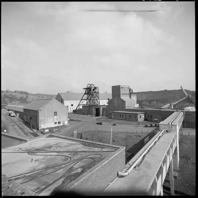 Black and white film negative showing a surface view of Cwm Colliery, April 1981. &#039;Cwm&#039; is transcribed from original negative bag.