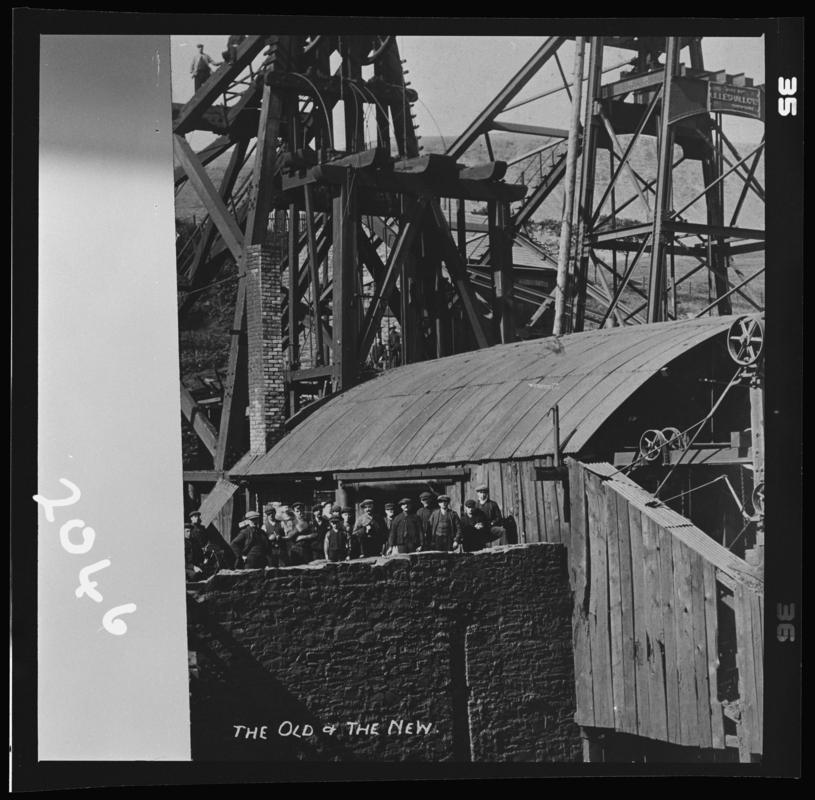 Black and white film negative of a photograph showing &#039;the old &amp; the new&#039; headgears, Ferndale no.4 Pit.