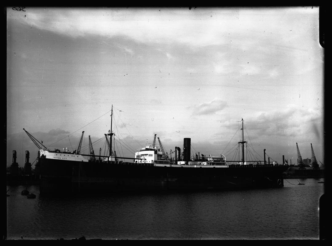 Port broadside view of S.S. TACOMA CITY at Cardiff Docks, c.1936.