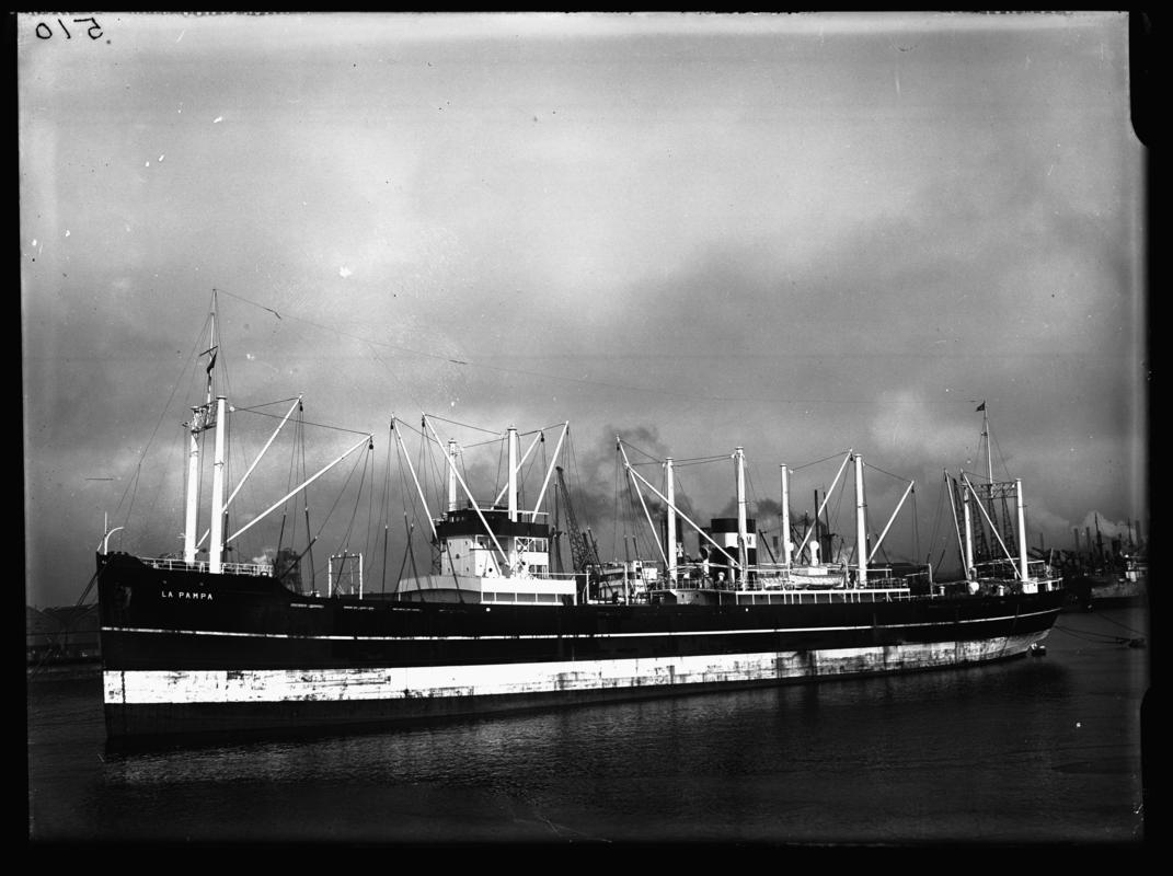 Port broadside view of M.V. LA PAMPA at Cardiff Docks, c.1938.