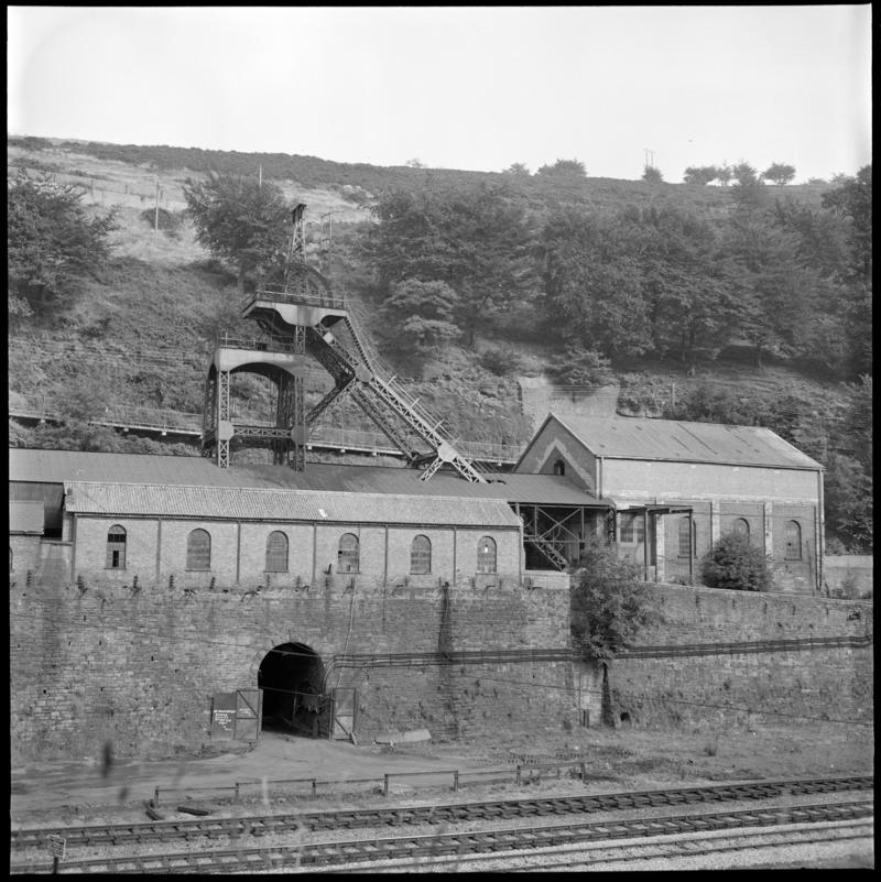 Black and white film negative showing the No.2. shaft, Llanhilleth Colliery, October 1975.  &#039;Llanhilleth&#039; is transcribed from original negative bag.