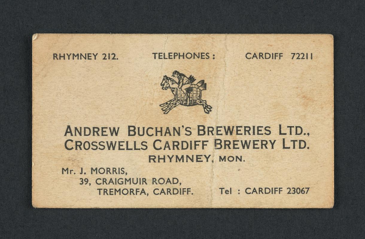 This business card was amongst newspaper clippings of wine recipes collected by Denis Maccarthy, which were stored in his copy of &#039;The publican, innkeeper&#039;s &amp; brewer&#039;s guide&#039;.