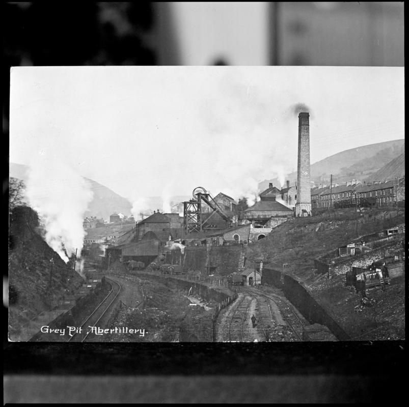 Black and white film negative of a photograph showing a surface view of Gray Colliery, Abertillery.