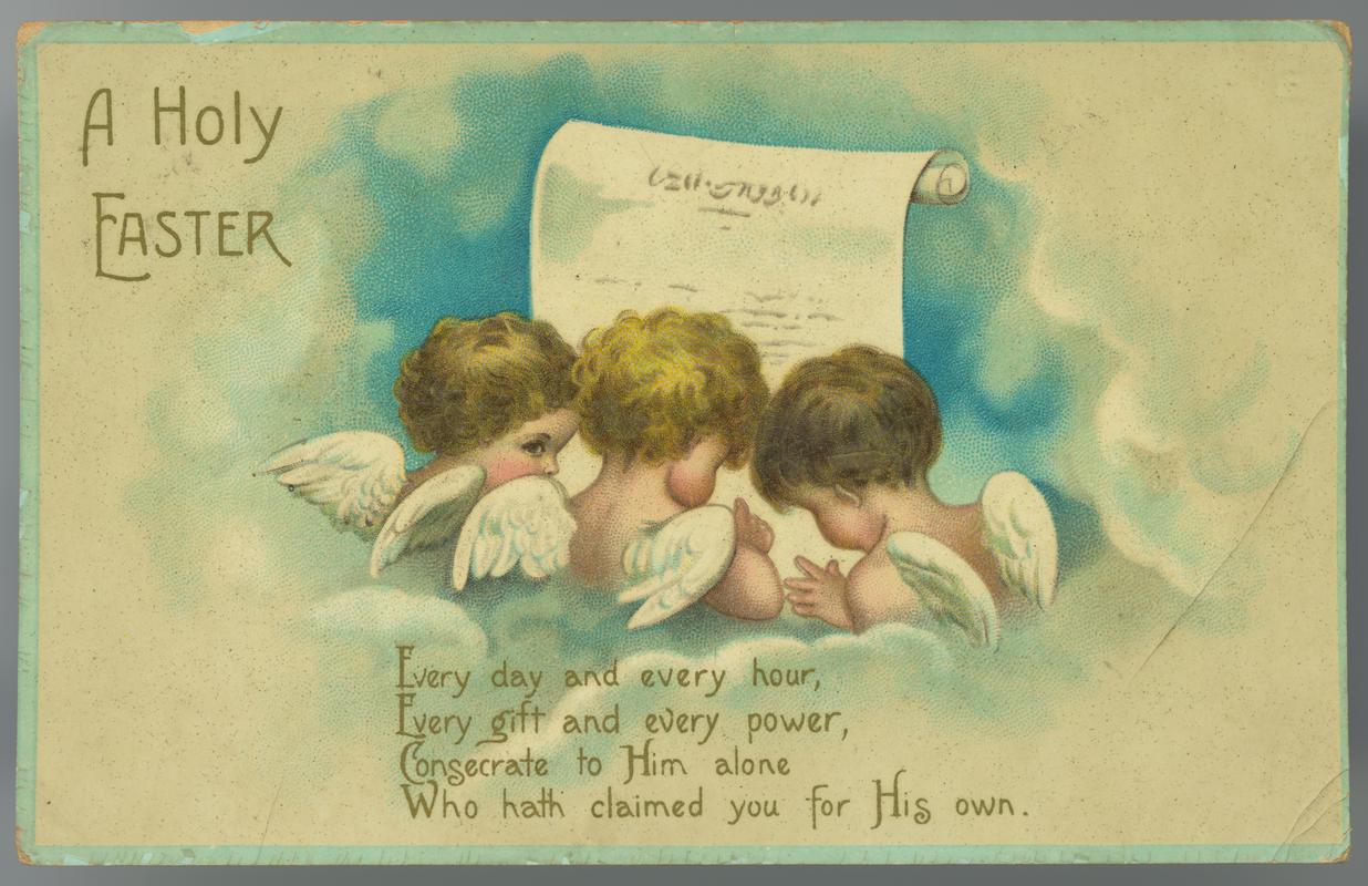 Easter postcard sent to Miss Valdiva Jones, Brisbane House, Church Village by her grandmother. Handwritten message on back: &#039;With best love / From Granma&#039;.