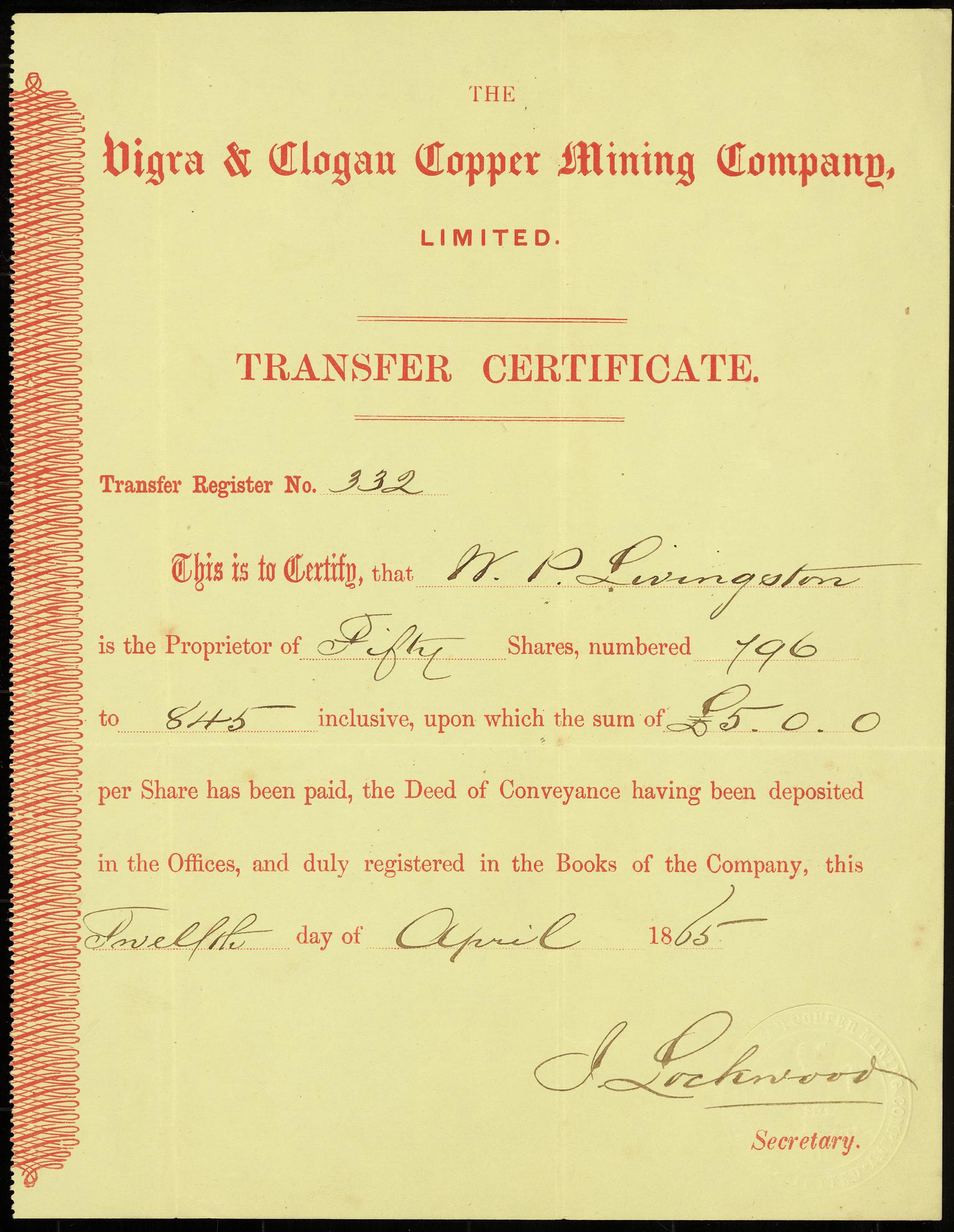 Vigra & Clogau Copper Mining Co. Ltd, transfer certificate