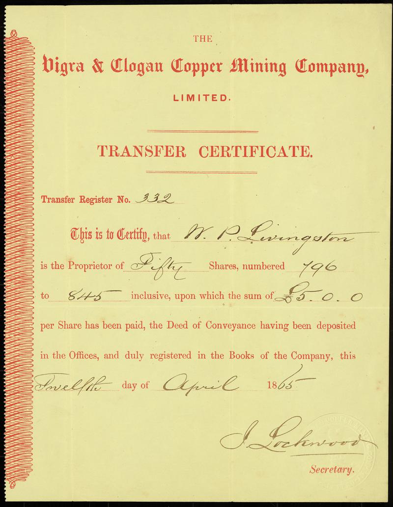 Vigra &amp; Clogau Copper Mining Co. Ltd., trans certificate