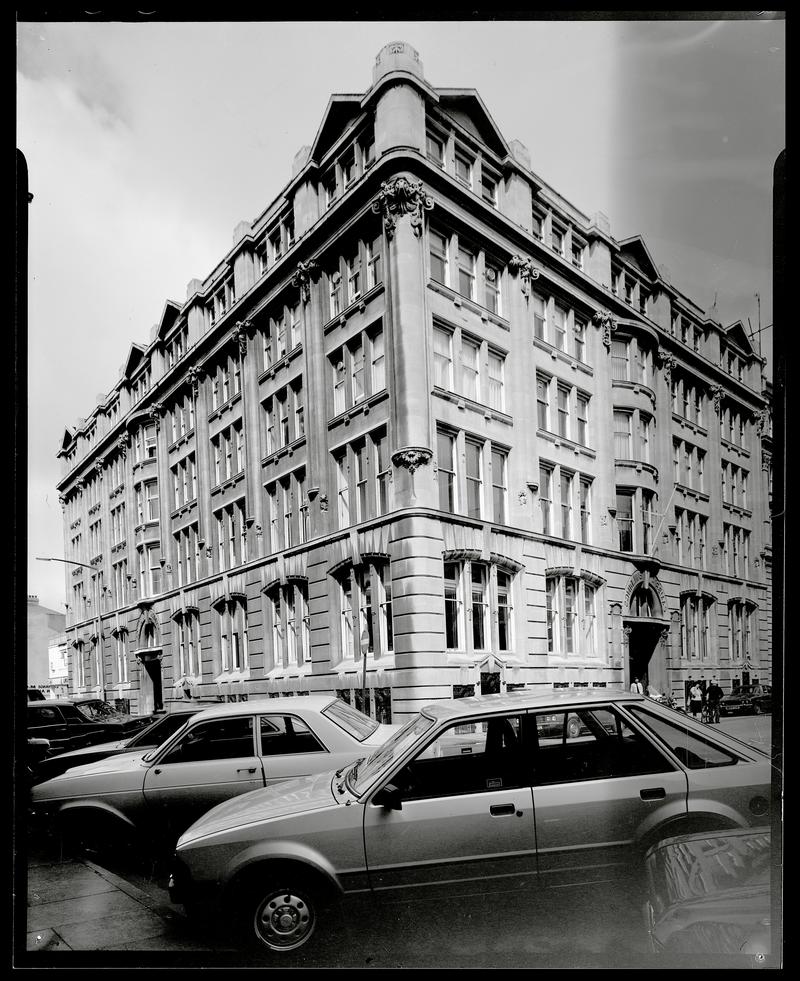 Cambrian Buildings, Mount Stuart Square, Cardiff Docks. The buiiding is prominently located on West Bute Street.