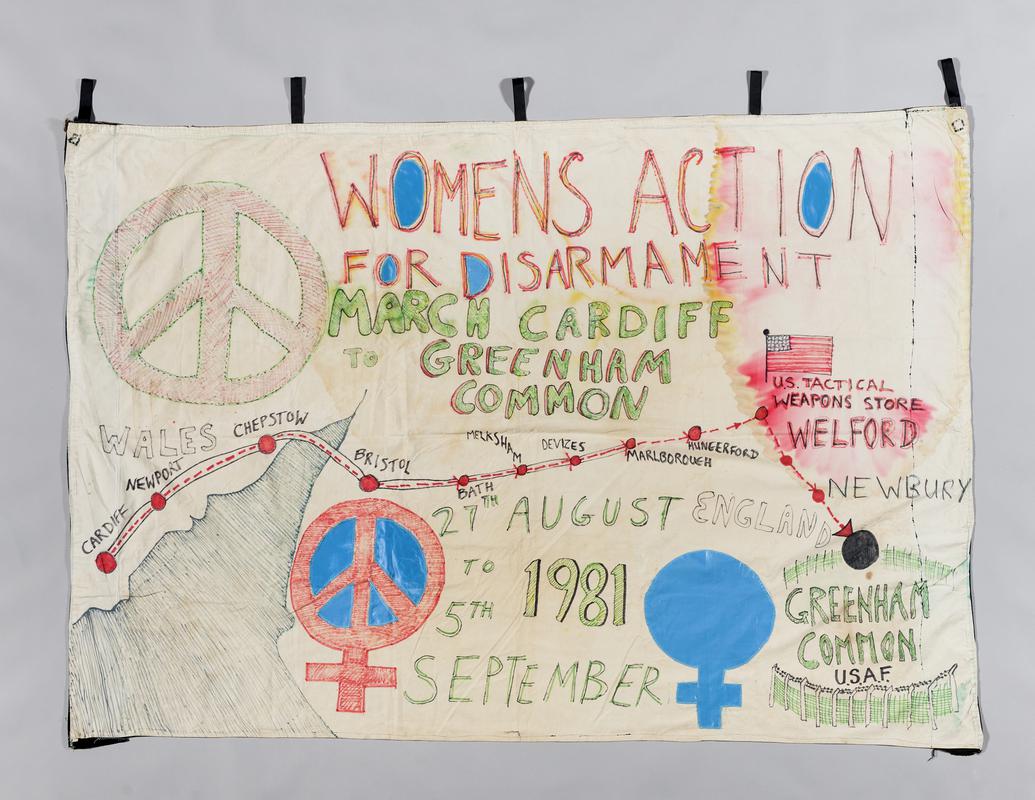 Replica of a banner originally made on the march from Cardiff to Greenham Common, 1981