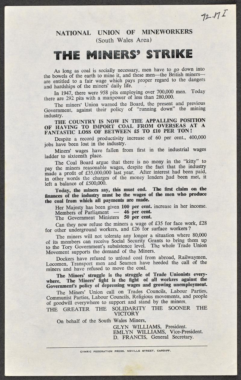 Miners' strike 1972, leaflet