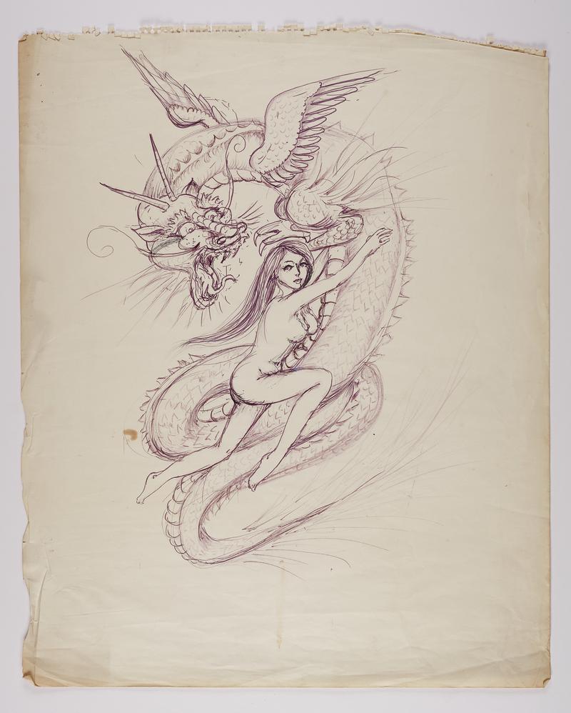 Tattoo flash: Pen drawing of a nude woman and dragon.