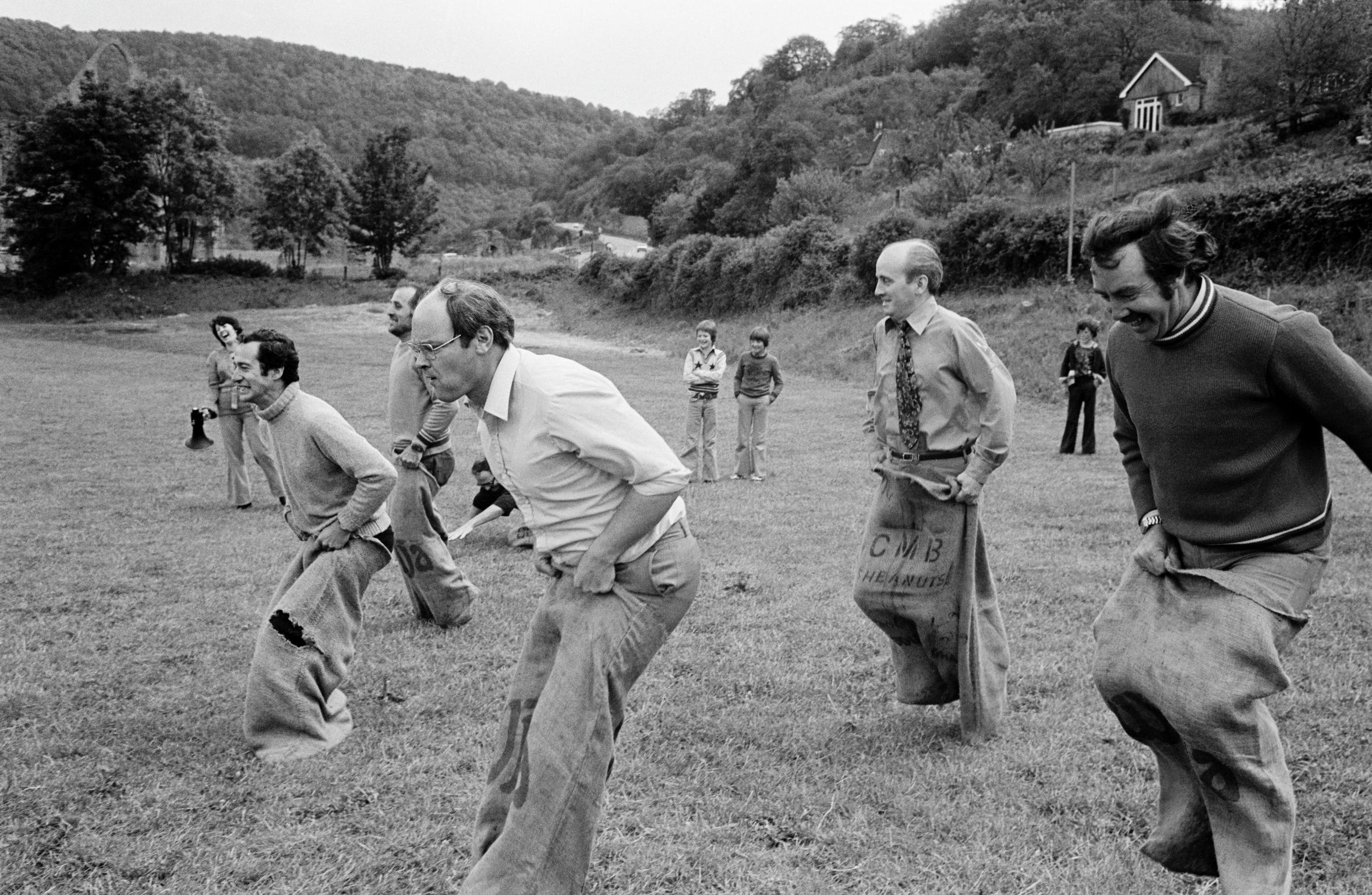 Queens Silver Jubilee. Tintern sports day. Fathers sack race. Wales