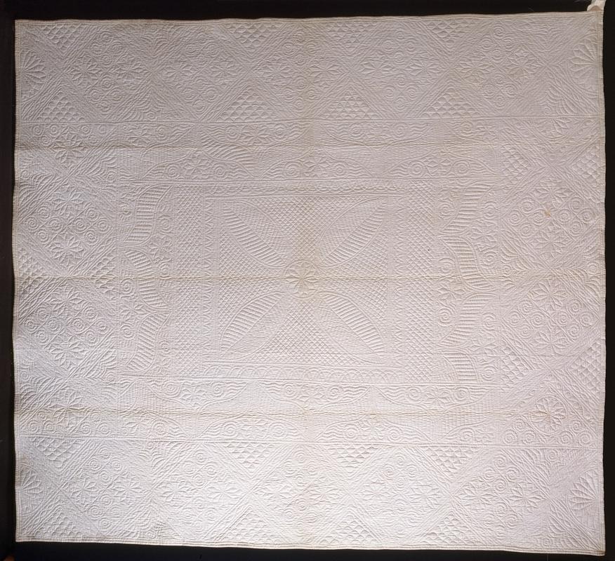 Wholecloth quilt, white cotton, stitched with white thread, mid 19th century