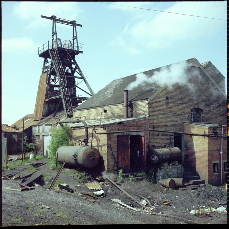 Colour film negative showing a view of the headgear and engine house, Morlais Colliery 13 May 1981.  &#039;Morlais 13/5/81&#039; is transcribed from original negative bag.  Appears to be identical to 2009.3/1824.