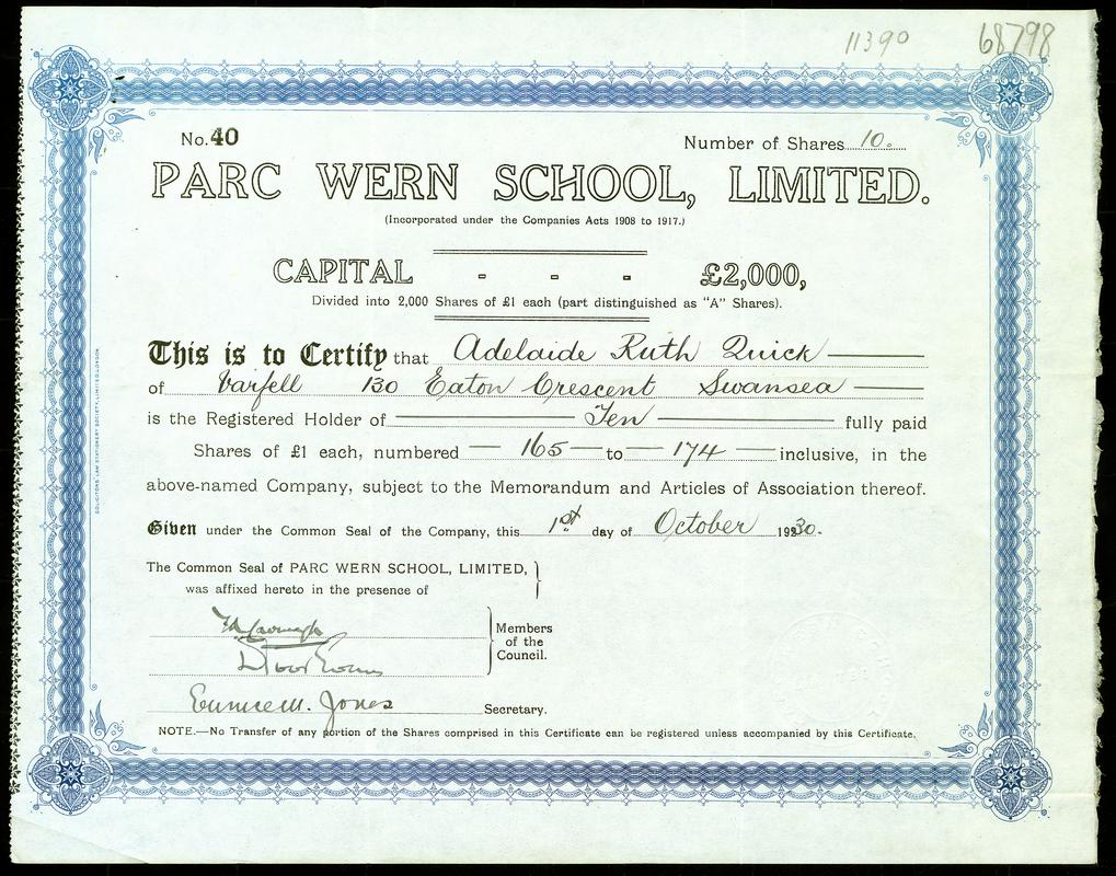 Share Certificate &quot;Park Wern School, Limited&quot;
