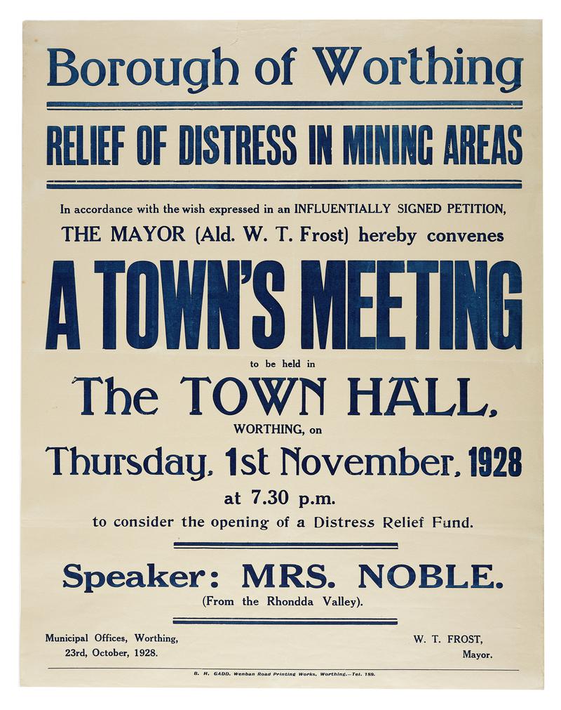 Poster advertising a meeting at the Town Hall in Worthing, Sussex, on 1 November 1928 to raise funds for distressed mining areas in Wales.