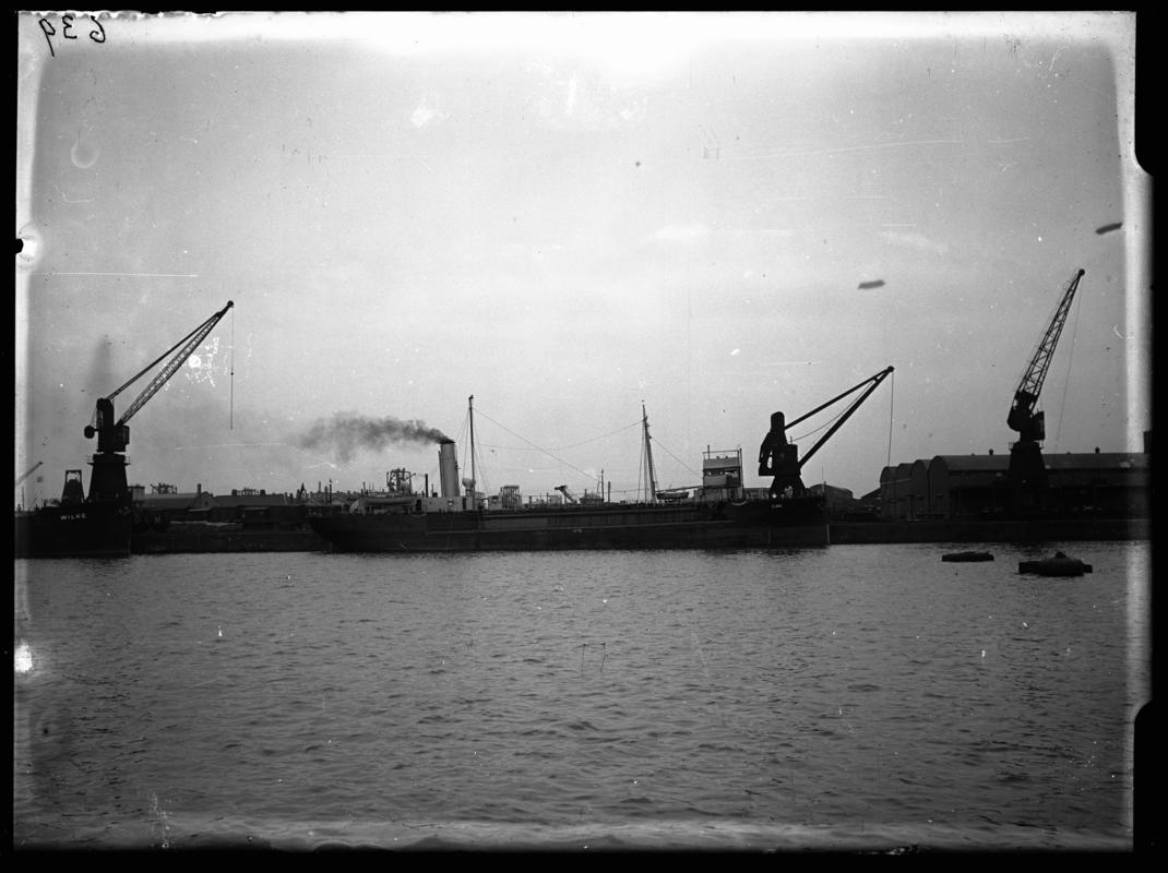 Starboard broadside view of the S.S. ELMOR, Cardiff Docks, 1936-1937