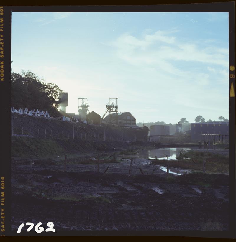 Colour film negative showing a general surface view of Oakdale colliery, October 1979.  &#039;Oakdale&#039; is transcribed from original negative bag.