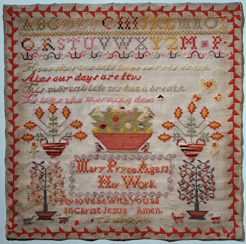 Sampler (motifs, verse &amp; alphabet), made in Radnorshire, c. 1860