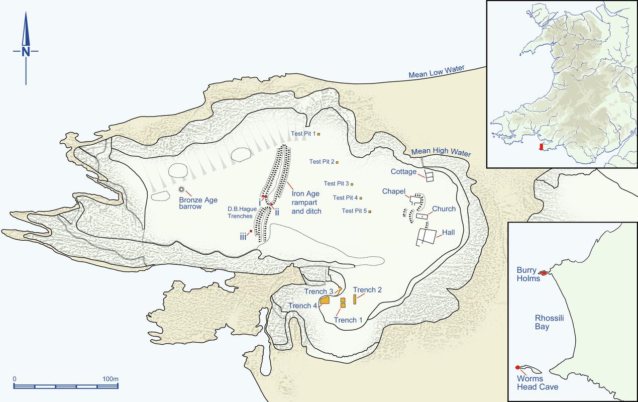 Illustration: the location of Burry Holms. Showing the monuments and locations of the and excavation trenches and test pits.