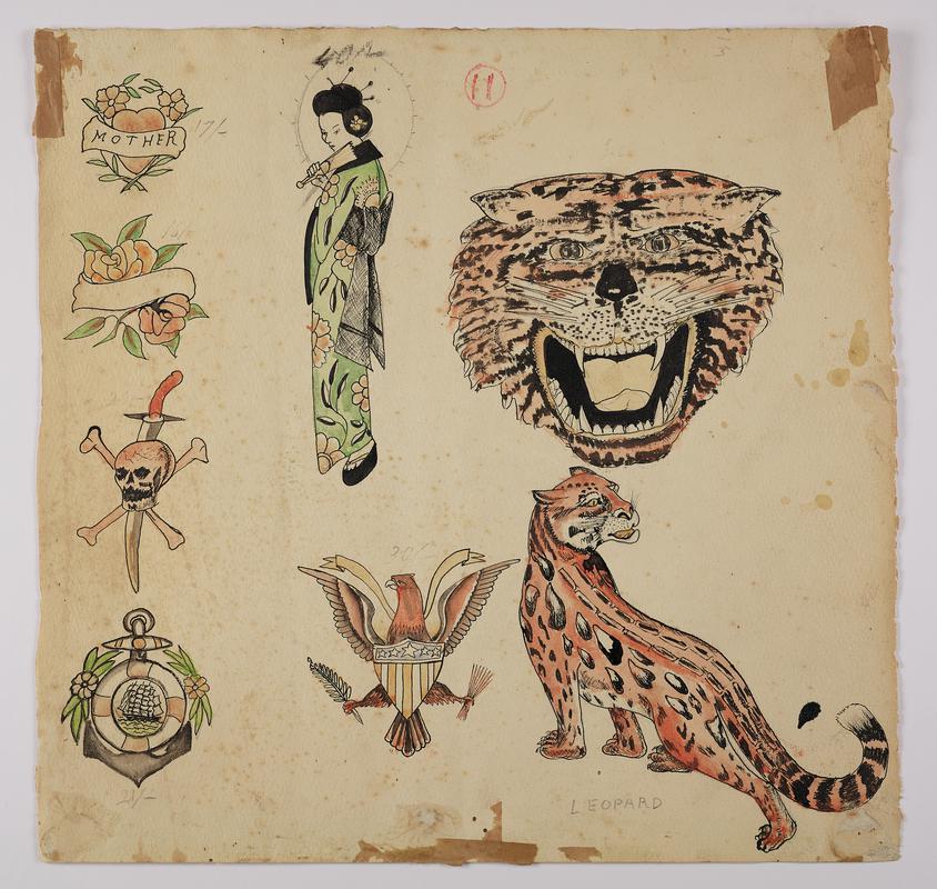 Tattoo flash: images of leopards, female in kimono, hearts, anchor and eagle.