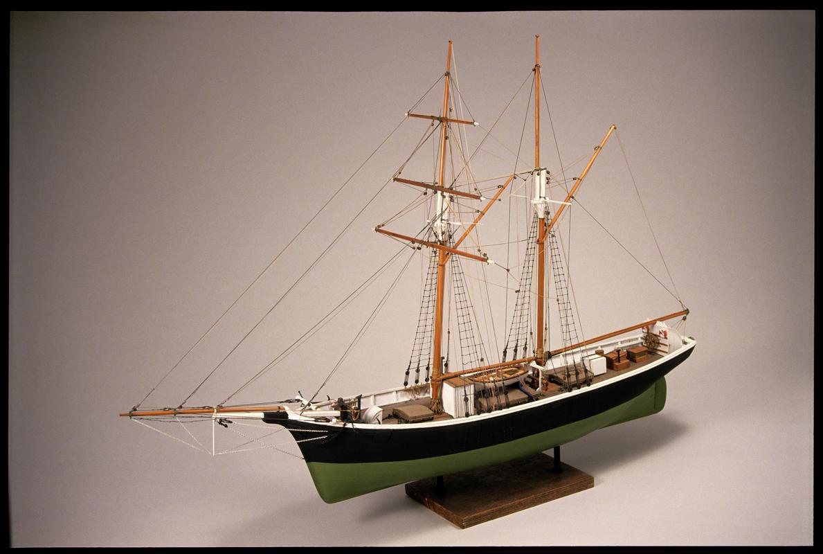 Full hull ship model of a two-masted top sail schooner
